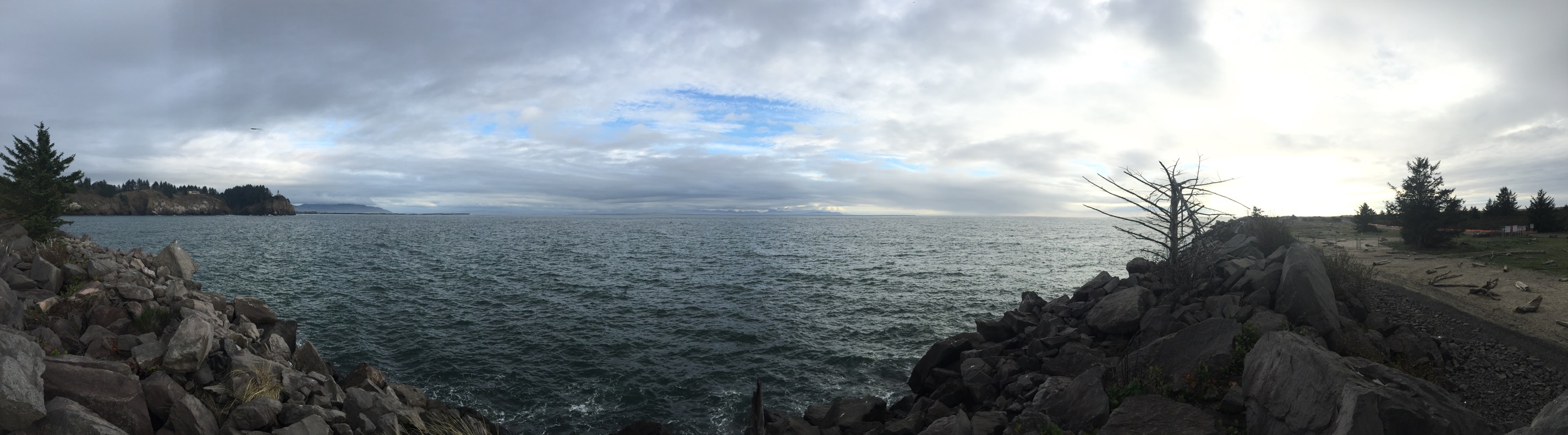 A panorama dominated by the water and overcast sky.